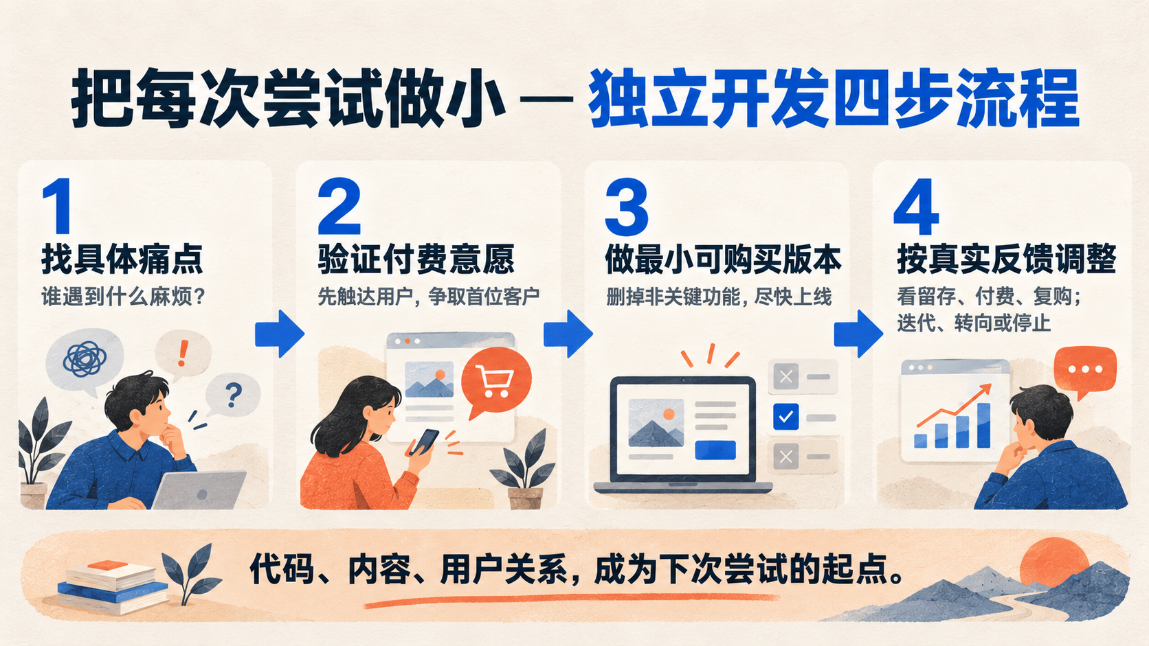 独立开发四步法：从具体痛点出发，验证付费意愿，做最小可购买版本，再按真实反馈调整