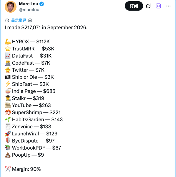 Marc Lou 在 X 发布的 2026 年 9 月收入清单原帖截图